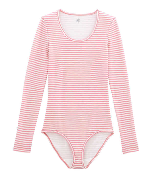 body donna maniche lunghe in lana e cotone rosa/bianco