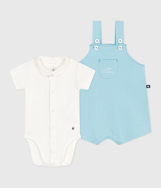 Completo nascita composto da salopette e body in cotone blu AQUATIC