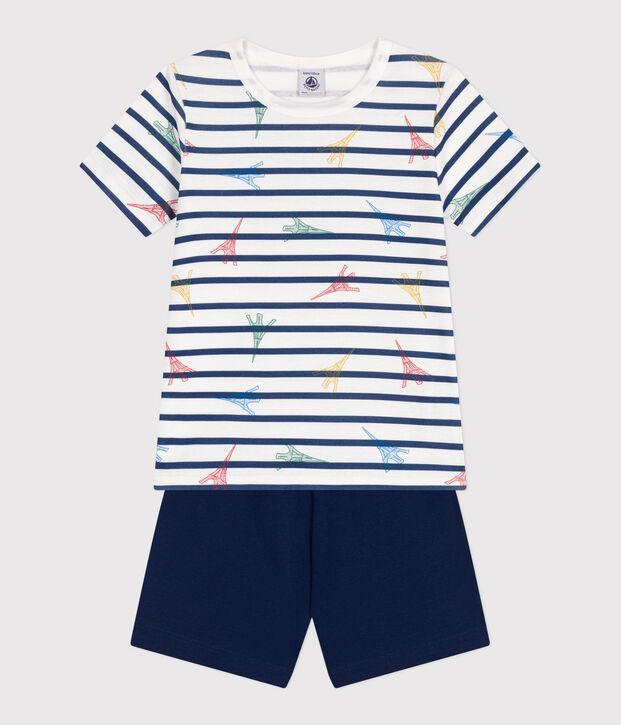 Pigiama corto in cotone con stampa Parigi bambino blu/multicolore