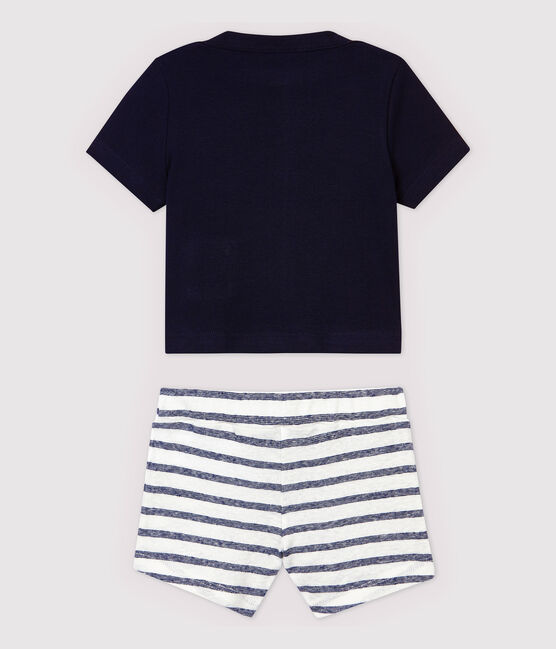 Insieme t-shirt/shorts in cotone lino bebè maschio blu SMOKING/bianco MARSHMALLOW