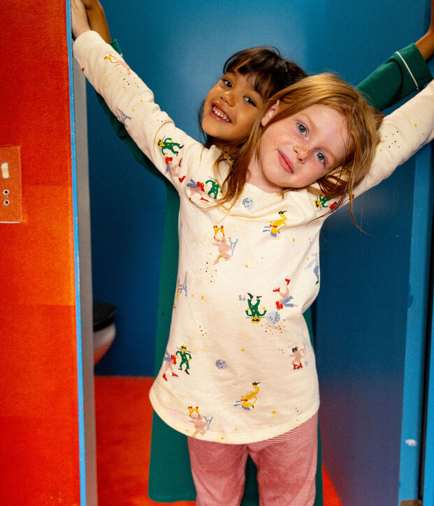 Camicia da notte fosforescente bambina in tessuto felpato di cotone ecru/multicolore