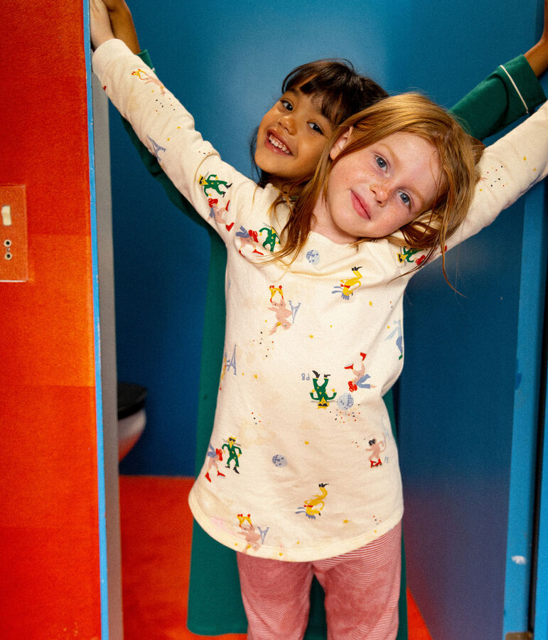 Camicia da notte fosforescente bambina in tessuto felpato di cotone ecru/multicolore