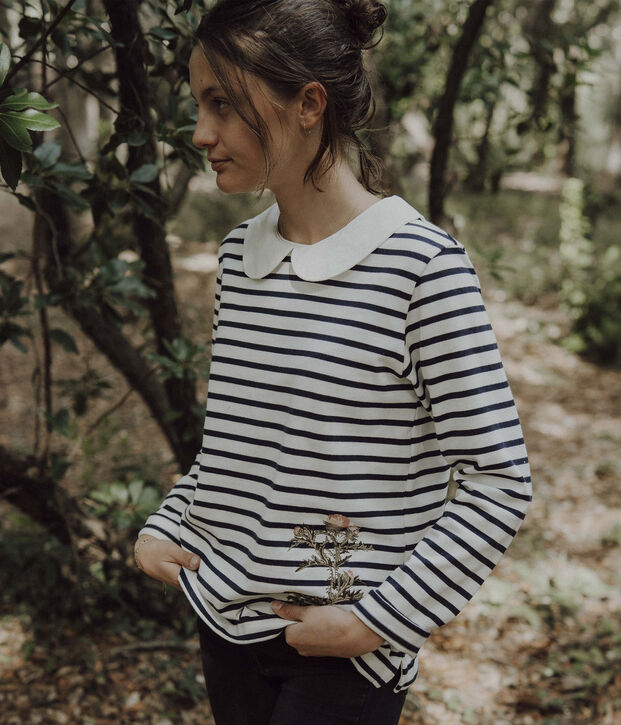 T-shirt marini&egrave;re donna Petit Bateau x Deyrolle bianco/blu