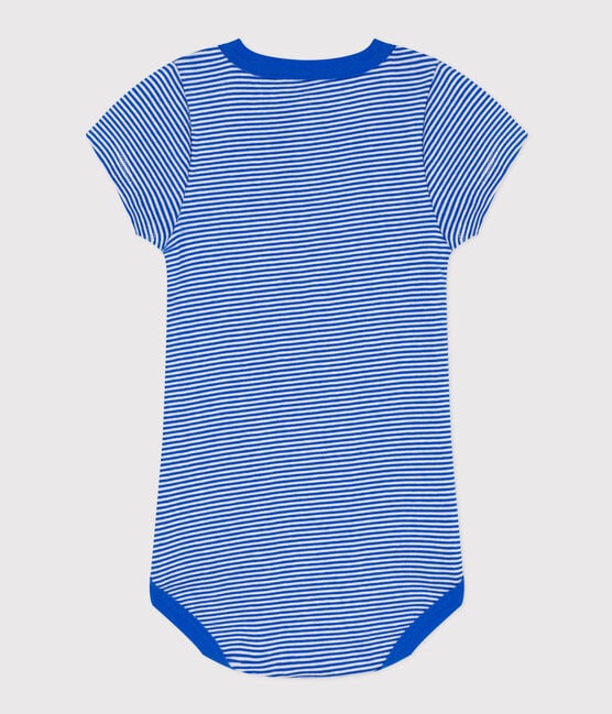 Body a maniche corte bebè millerighe in cotone blu PERSE/bianco MARSHMALLOW