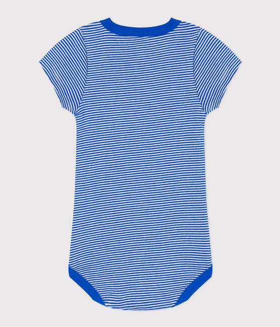 Body a maniche corte bebè millerighe in cotone blu PERSE/bianco MARSHMALLOW