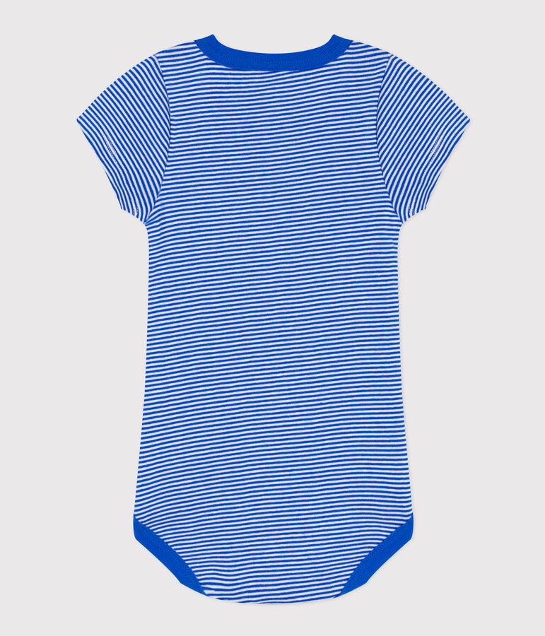 Body a maniche corte beb&egrave; millerighe in cotone blu/bianco