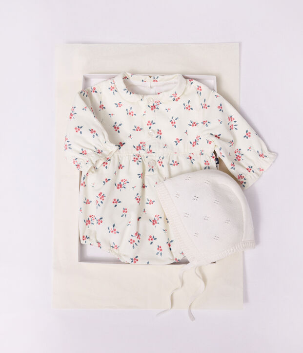 Tutina corta in ciniglia sottile con colletto con mirtilli stampati neonata ecru/multicolore