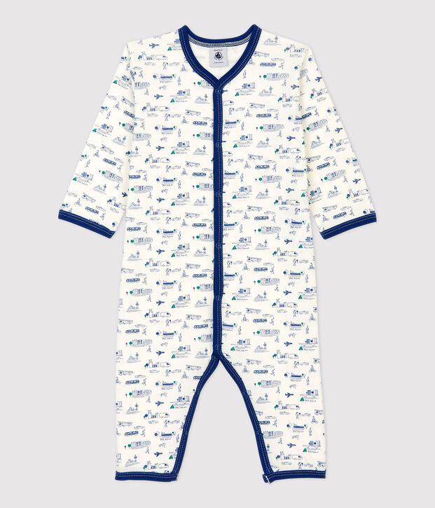 Tutina pigiama senza piedi a costine fantasia trasporti beb&egrave; in cotone bianco/multicolore