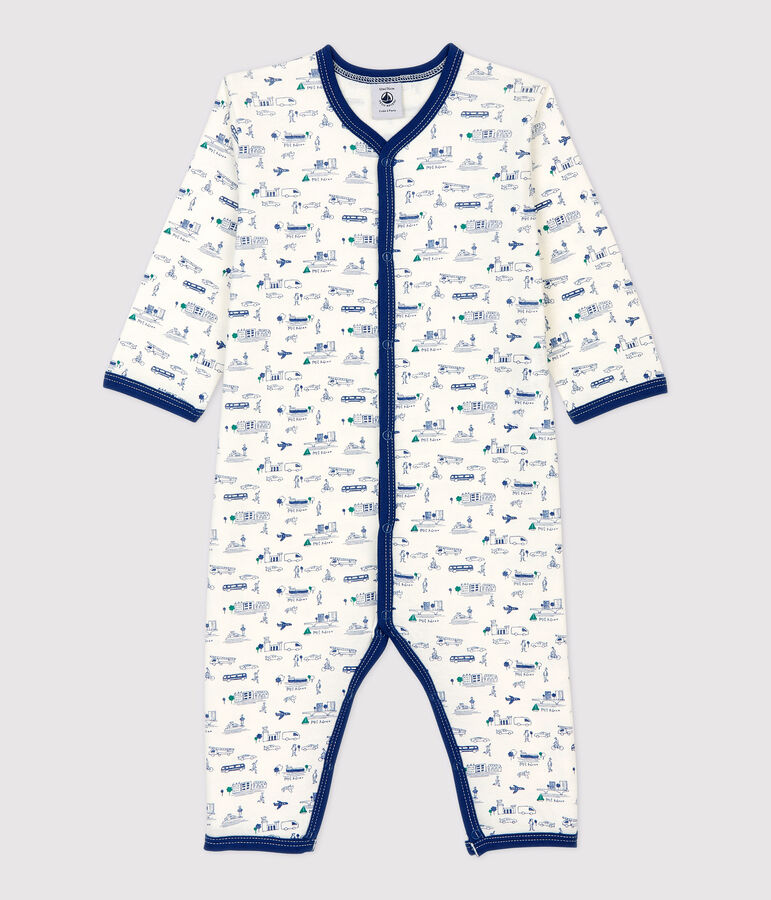 Tutina pigiama senza piedi a costine fantasia trasporti beb&egrave; in cotone bianco/multicolore