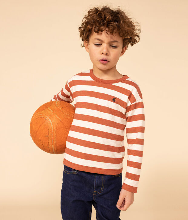 T-shirt a maniche lunghe in cotone bambino marrone/ecru