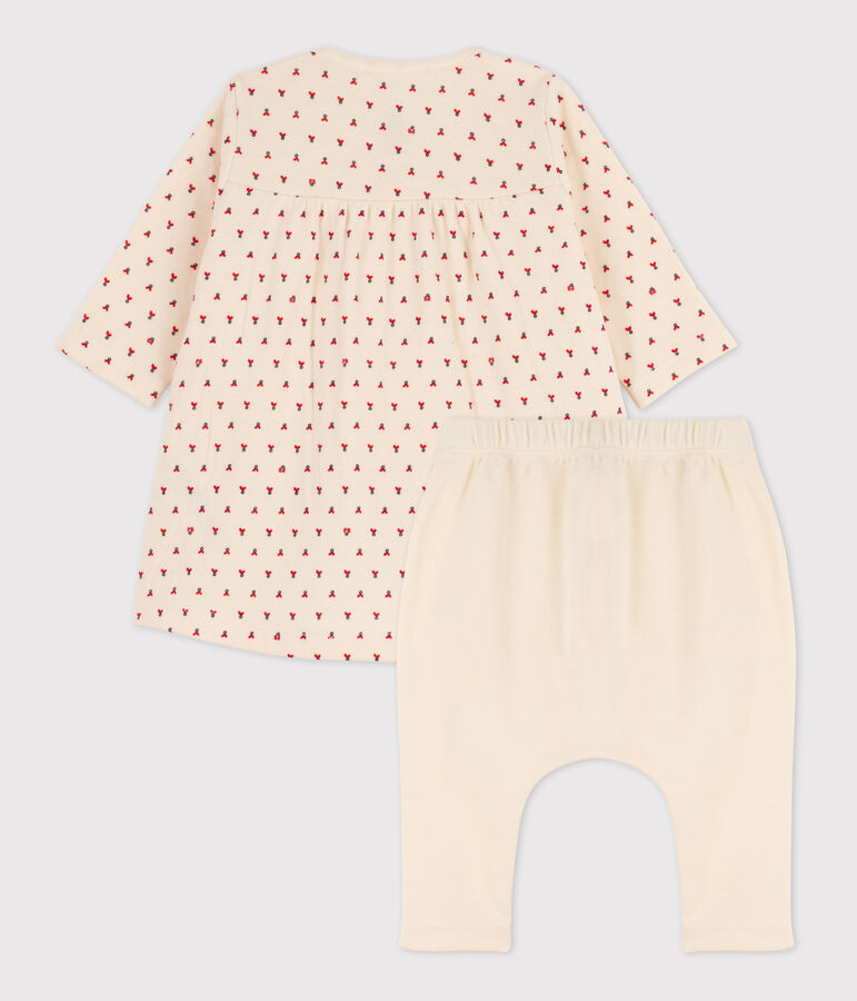 Abito e leggins beb&egrave; in tubique di cotone stampato ecru/multicolore