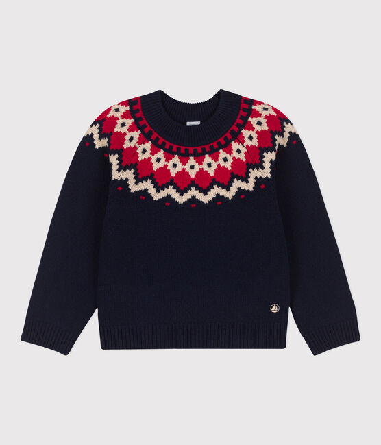 Pullover jaquard in lana e cotone bambino blu SMOKING/bianco MULTICO