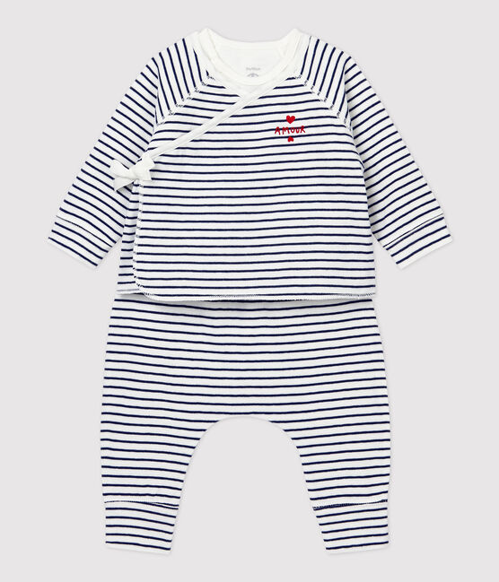 Completo 3 pezzi a righe bebè in cotone biologico bianco MARSHMALLOW/blu SMOKING