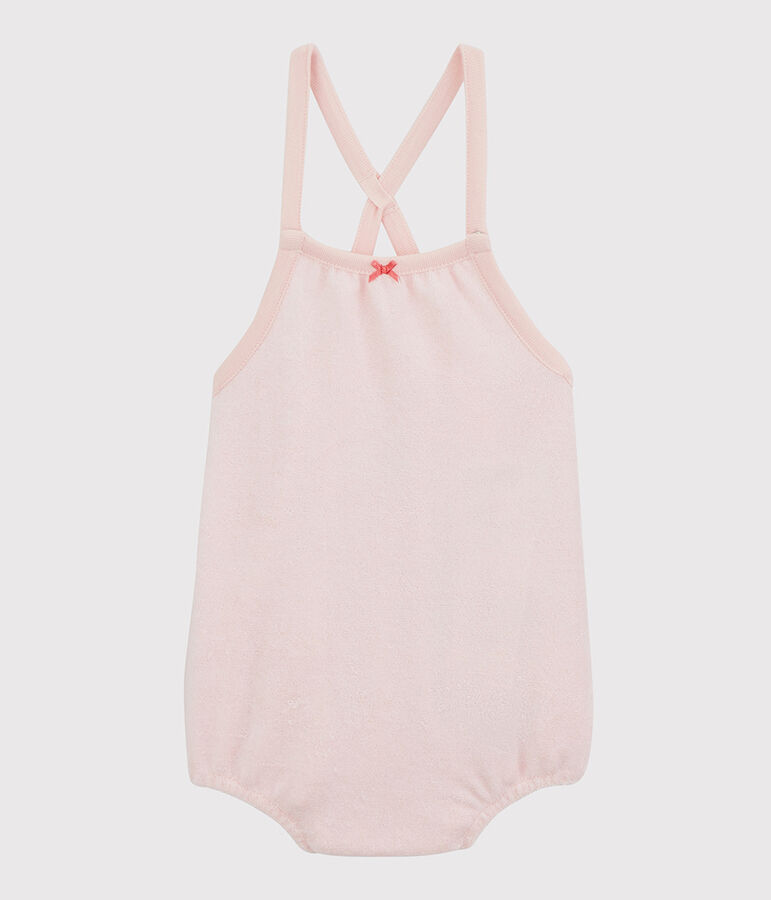 Tuta corta rosa beb&egrave; bambina in spugna bouclette di cotone biologico rosa