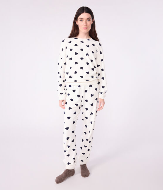 Pigiama in spugna di cotone con stampa a cuori donna blu MILK/ SOIR