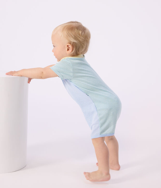 Tutina corta con colletto in cotone neonato verde/bianco