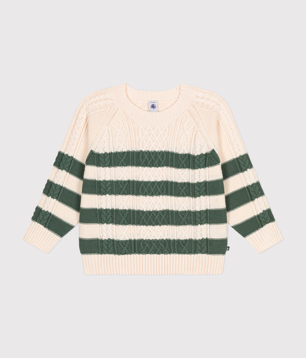 Maglione irlandese in cotone a righe bambino ecru/verde