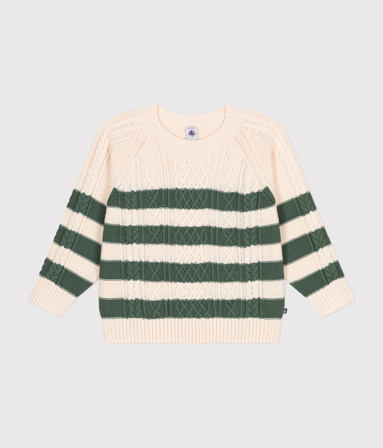 Maglione irlandese in cotone a righe bambino ecru/verde
