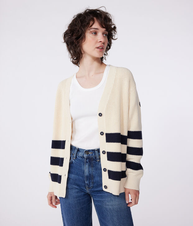 Cardigan in cotone a righe donna ecru/blu