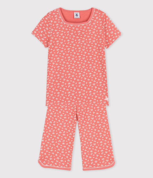 Pigiama a manica corta con fiori bambina in cotone biologico rosa/bianco