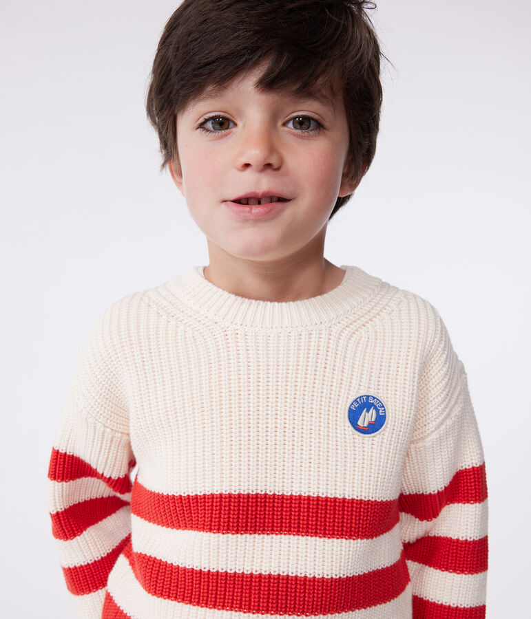 Pullover in cotone a righe bambino ecru/rosso