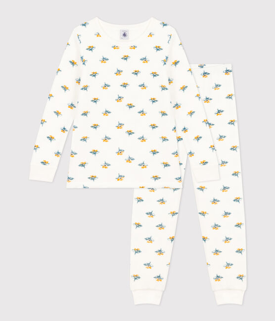 Pigiama fiore bambina in spugna bouclette bianco MARSHMALLOW/bianco MULTICO