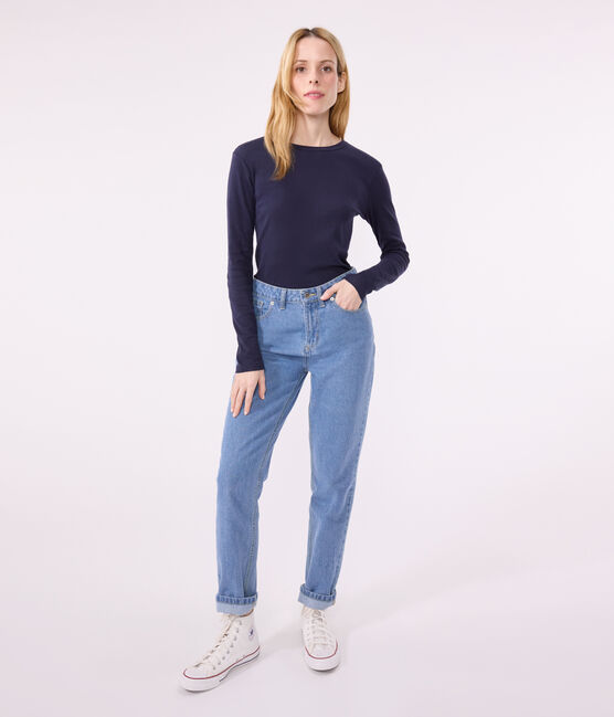T-shirt Iconica a maniche lunghe a coste tinta unita donna blu SMOKING