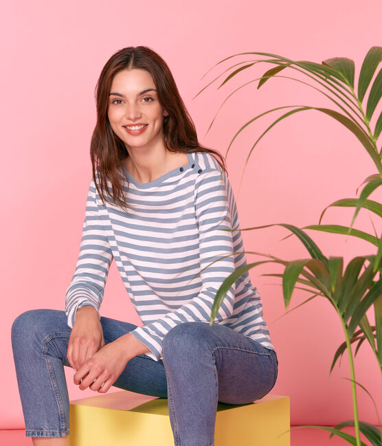 T-shirt maniche lunghe donna blu FONTAINE/bianco MARSHMALLOW