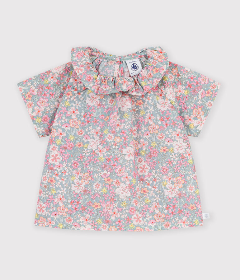Blusa neonata a maniche corte in cotone con stampa a fiori blu/multicolore