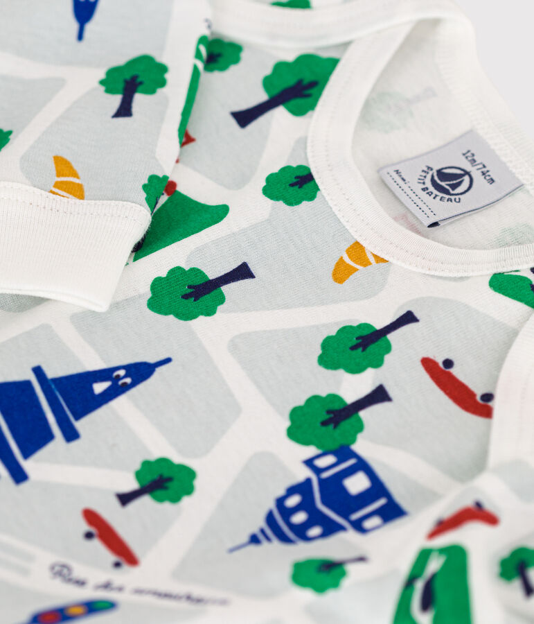 Pigiama beb&egrave; senza piedi in cotone stampato Parigi bianco/blu