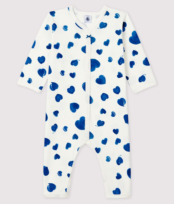 Tutina a cuori blu senza piedi bebè femmina a costine bianco MARSHMALLOW/bianco MULTICO