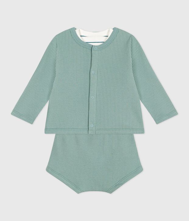 Completo nascita tre pezzi in cotone e T-shirt a righe con limone verde/multicolore