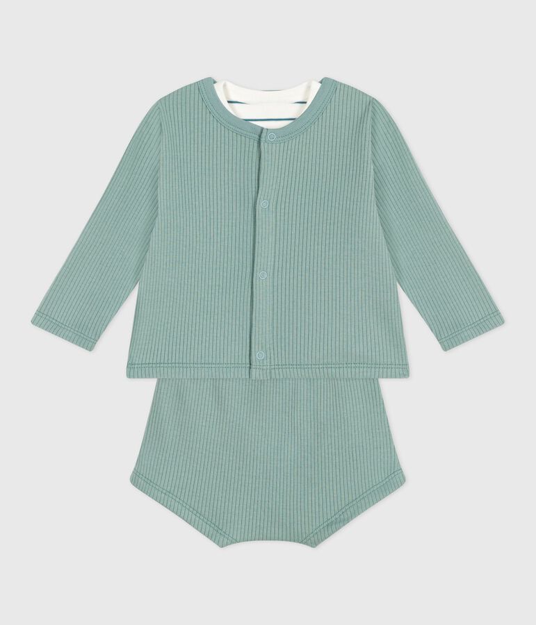 Completo nascita tre pezzi in cotone e T-shirt a righe con limone verde/multicolore