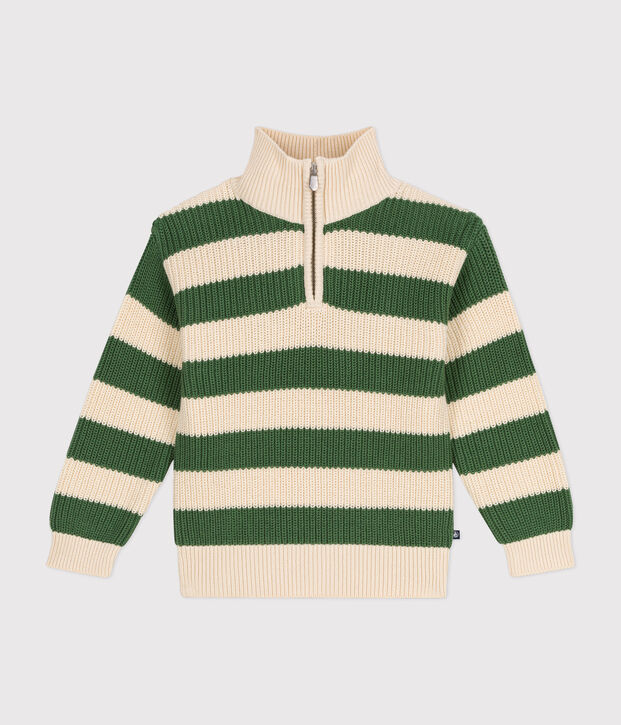 Maglione dolcevita con mezza cerniera in cotone bambino verde/ecru