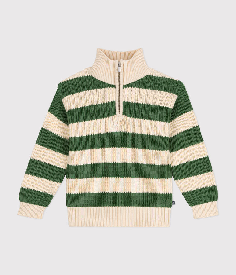 Maglione dolcevita con mezza cerniera in cotone bambino verde/ecru