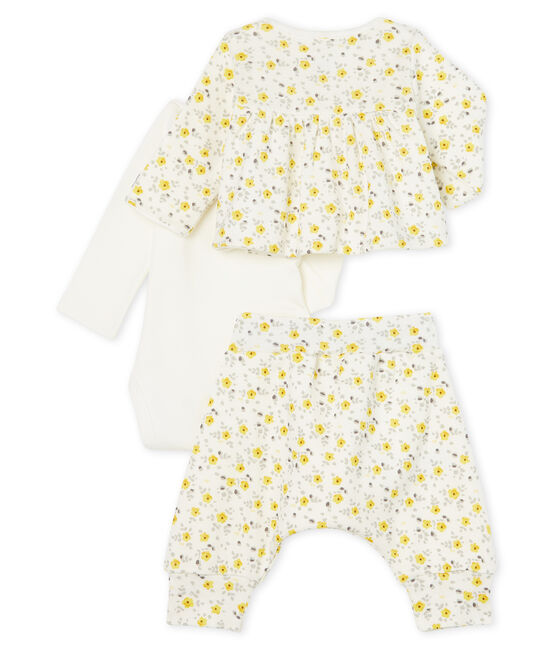 Completo tre pezzi bebè femmina in lana e cotone bianco MARSHMALLOW/bianco MULTICO