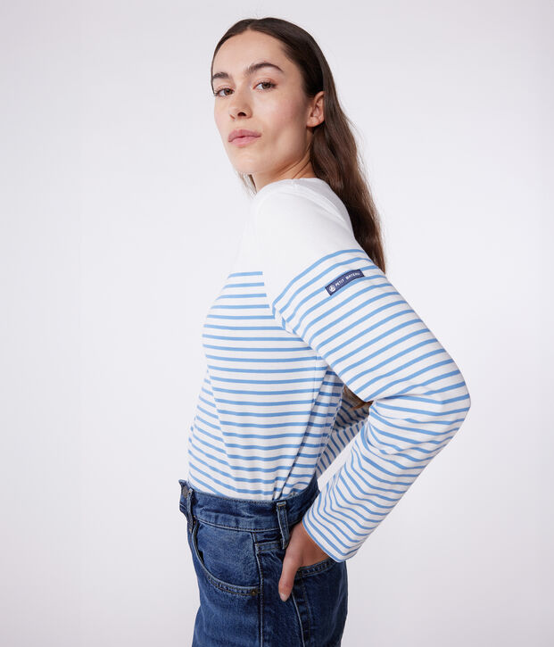 Marini&egrave;re a maniche lunghe in cotone donna bianco/blu