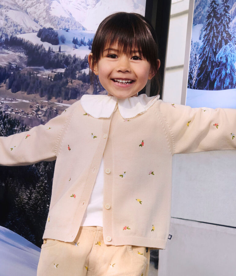 Cardigan bambina in misto lana e cotone con motivi ricamati ecru/multicolore