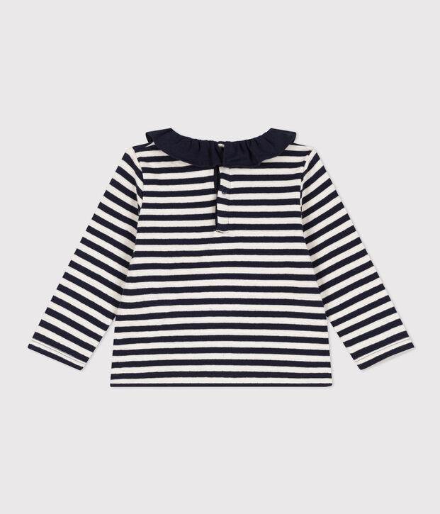 Blusa a manica lunga in tubique per beb&egrave; blu/ecru