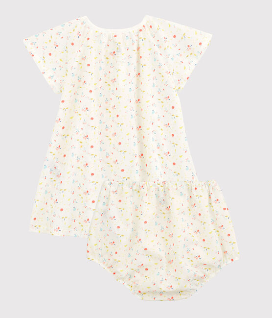 Abito manica corta fantasia frutta con bloomer bebè femmina in tubique ordito e trama di cotone biologico bianco MARSHMALLOW/bianco MULTICO