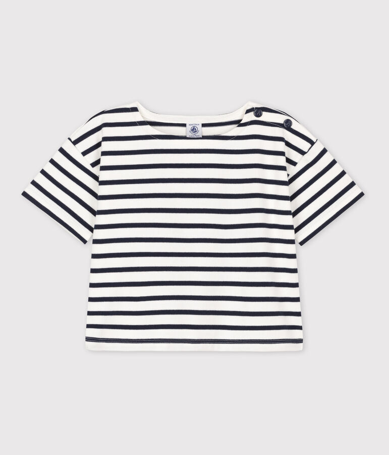 T-shirt a righe a maniche corte in cotone bambina bianco/blu