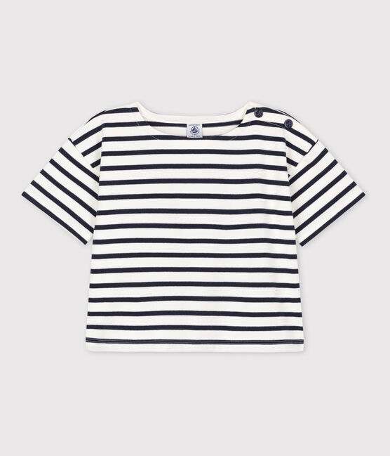 T-shirt a righe a maniche corte in cotone bambina bianco MARSHMALLOW/blu SMOKING
