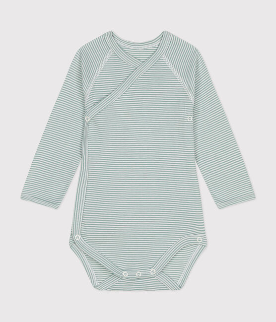 Body incrociato a maniche lunghe in cotone bebè blu PAUL/bianco MARSHMALLOW
