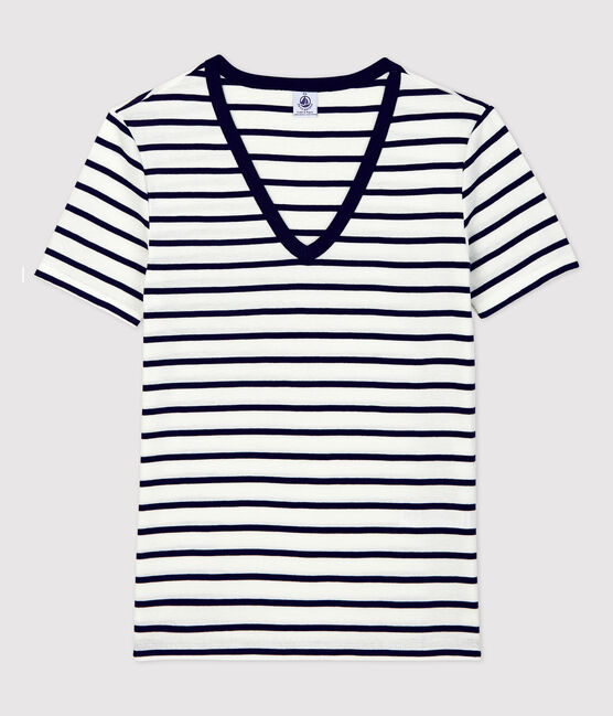 T-shirt L'ICONIQUE scollo a V in cotone Donna bianco MARSHMALLOW/blu SMOKING