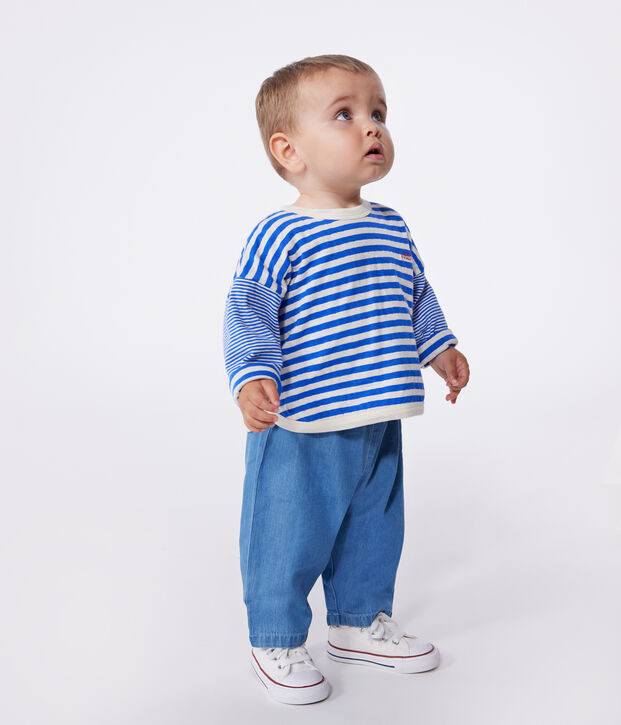T-shirt a maniche lunghe in cotone a righe neonato blu/ecru