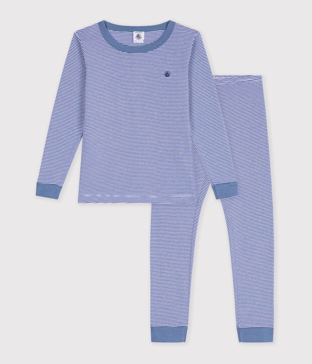 Pigiama molto aderente bambino in cotone a righe blu/bianco