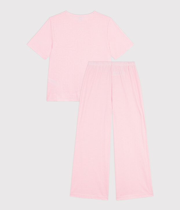 Pigiama in cotone a righe con gamba ampia donna rosa/bianco