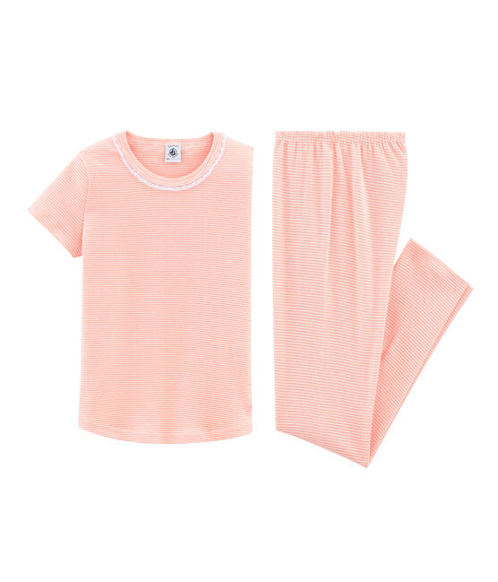 Pigiama manica corta bambina a costine rosa ROSAKO/bianco MARSHMALLOW