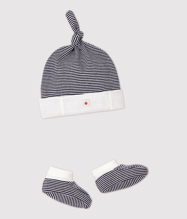 Confezione cappellino nascita e babbucce a righe neonato in cotone biologico multicolore