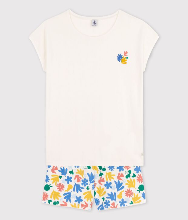 Pigiama corto bambina in cotone bianco/multicolore